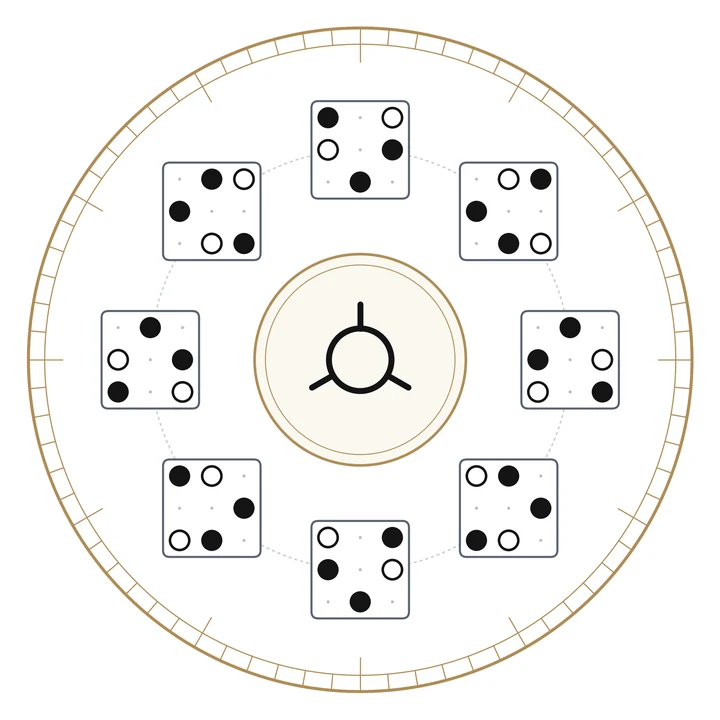 PROTEUS emblem: the eight turnings and mirrorings of one small lattice panel arranged around a glyph