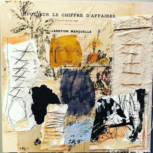 The RUFIT emblem: a mixed-media collage on a wooden panel, with torn paper, ocher and indigo shapes, graphite marks and orange stitching